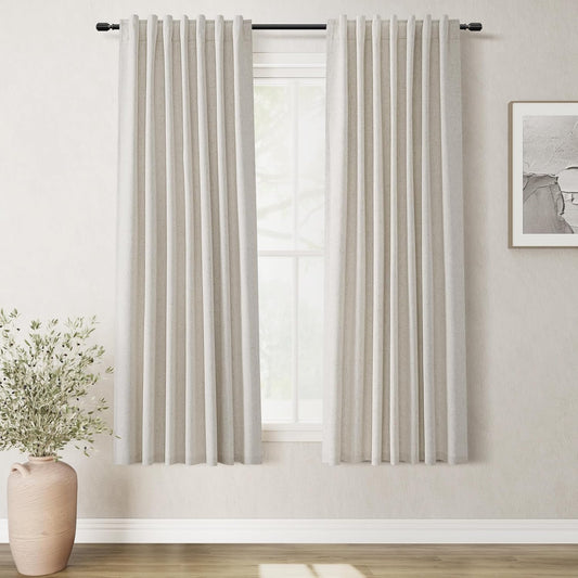 BOODII 63 Inch Blackout Curtains Linen Black Out Curtains for Bedroom 2 Panels Set Neutral Room Darkening Curtain Natural Beige Thermal Insulated Curtain for Nursery Window Drapes Back Tab 52x63