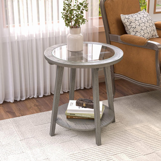 COSIEST 2-Tier End Table with Tempered Glass Top, Round MDF Side Table with Storage Shelf, Modern Wood Accent Table for Bedroom Living Room Home Office, Antique Silver