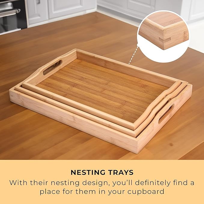 Prosumers Choice Wooden Tray - Light Brown Serving Trays with Handles - Nesting Design for Space Saving - Wooden Serving Tray for Food, Drinks, Snacks - Set of 3