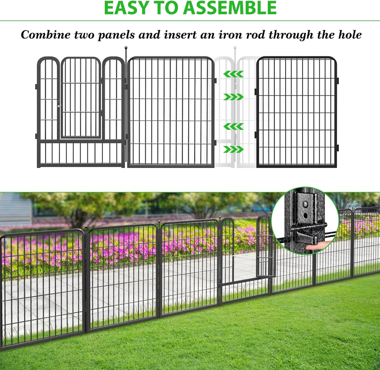 Decorative Black Metal Fencing Garden Fence with Gate, 46ft(L) 32in(H) 20 Fence Panels No Dig Fence Rustproof Animal Barrier Fence Temporary Dog Panels Fencing Outdoor