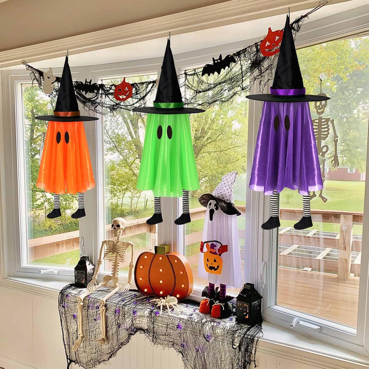 DAZONGE Halloween Decorations Outdoor, 3 Packs Hanging Ghost Halloween Decor with String Lights Battery Operated, Ghost Decor with with Hat for Home Yard Porch