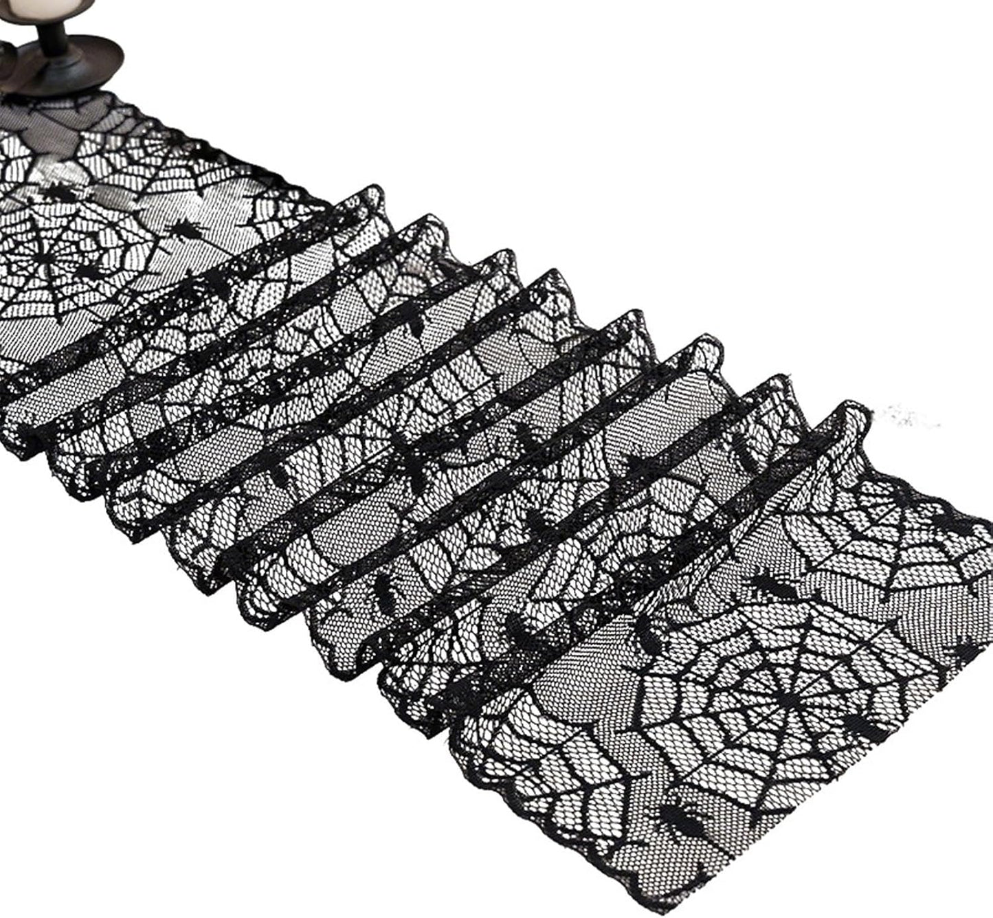 Halloween Lace Table Runners Black Gothic Spider and Cobweb Designs Lace Tablecloth Decorations Autumn Indoor Party Tabletop Cove for Halloween Decor Fireplace Mantel Scarf