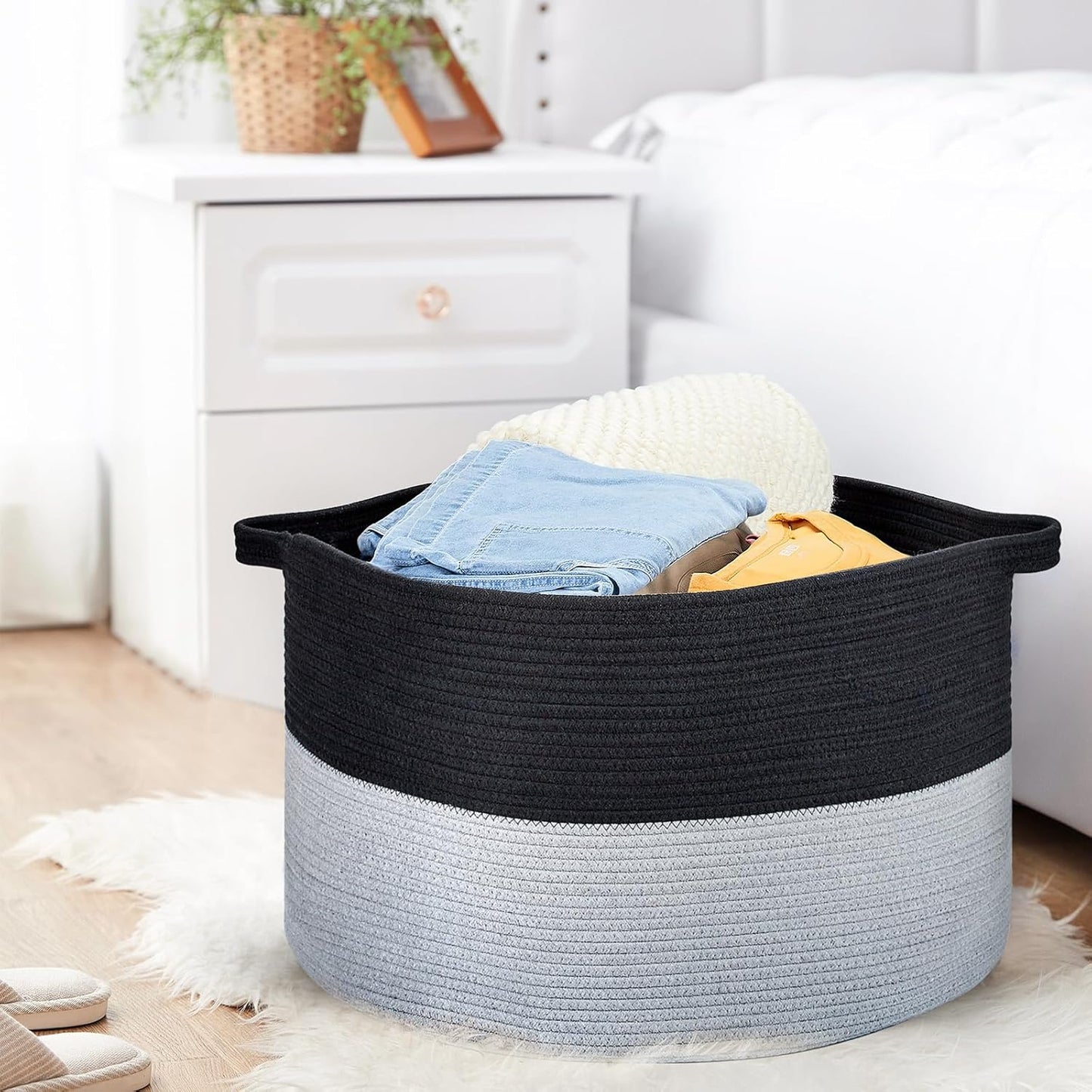 Ravinte Large Storage Basket - 22"x 22"x 14" Blanket Basket for Living Room, Baby Toy Storage Basket, Cotton Rope Basket Woven Laundry Basket (Black-Gray)
