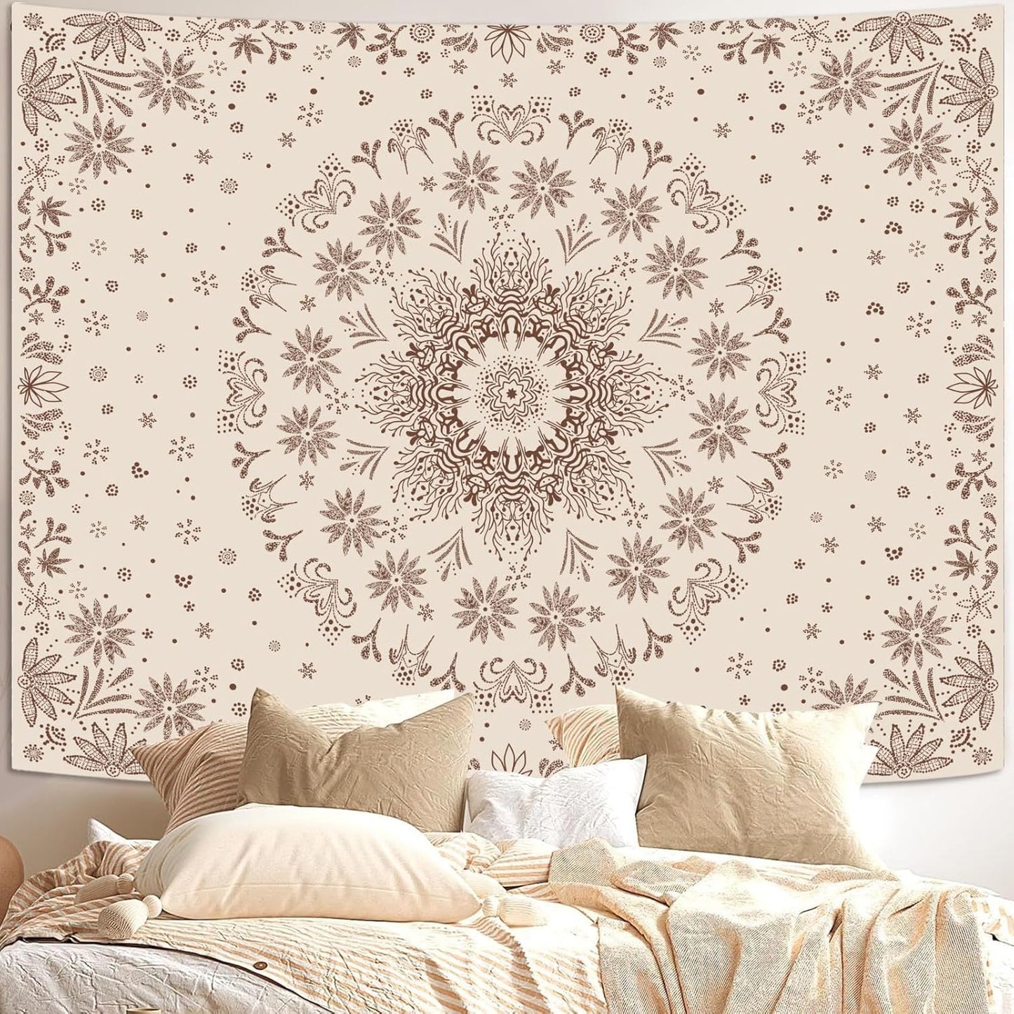 Fowocu Boho Floral Mandala Tapestry Wall Hanging Bohemian Flower Medallion Tapestry Aesthetic Beige Brown Hippie Indian Small Tapestries for Bedroom Living Room Dorm Decor 60 x 44 Inch