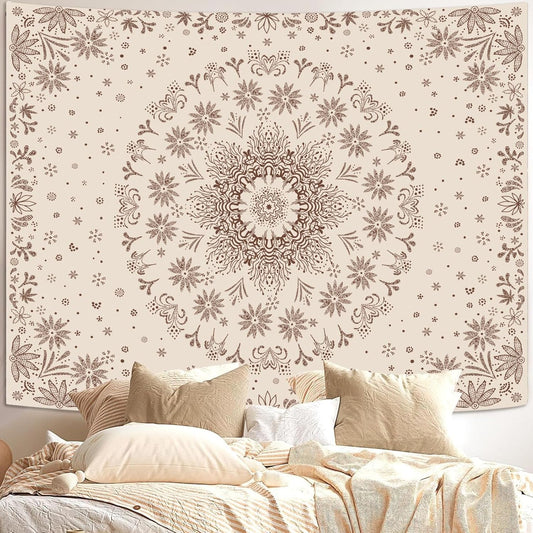 Fowocu Boho Floral Mandala Tapestry Wall Hanging Bohemian Flower Medallion Tapestry Aesthetic Beige Brown Hippie Indian Small Tapestries for Bedroom Living Room Dorm Decor 60 x 44 Inch