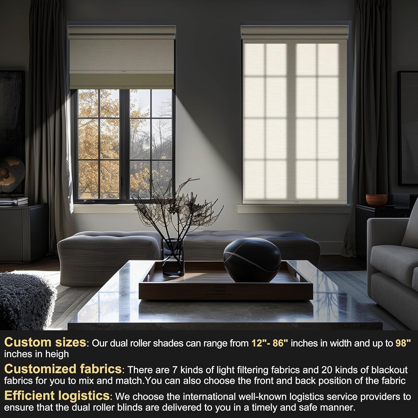 BERISSA Cordless Dual Roller Shades with Cassette Valance,Double Window Shades Blackout and Light Filtering Shades,Day and Night Roller Shades for Home Office Door.Striped Jacquard Beige.52 W x 80" H