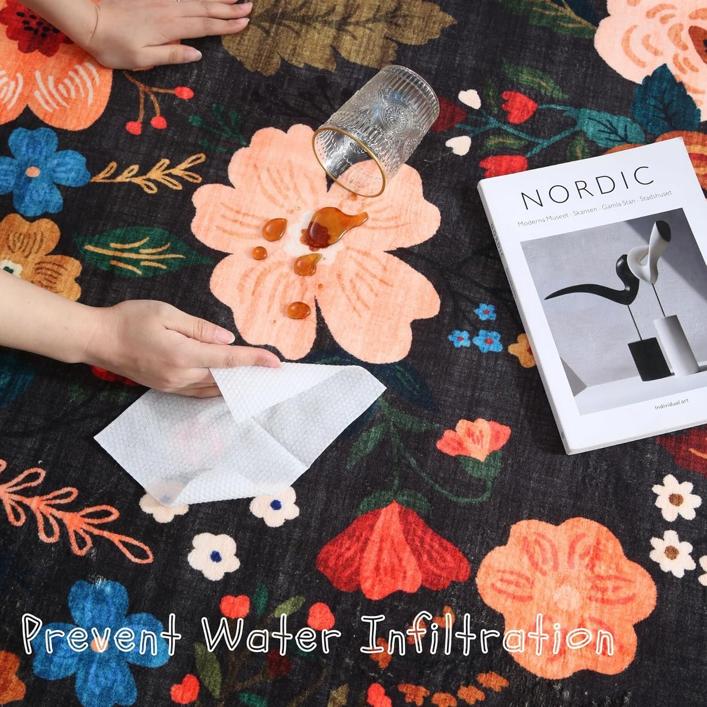 Area Rug 4x6 Rug Washable Boho Rugs Non Slip Low Pile Floral Small Carpet for Bedroom, Bedside, Kids Room, Office, Dining Room(Black)