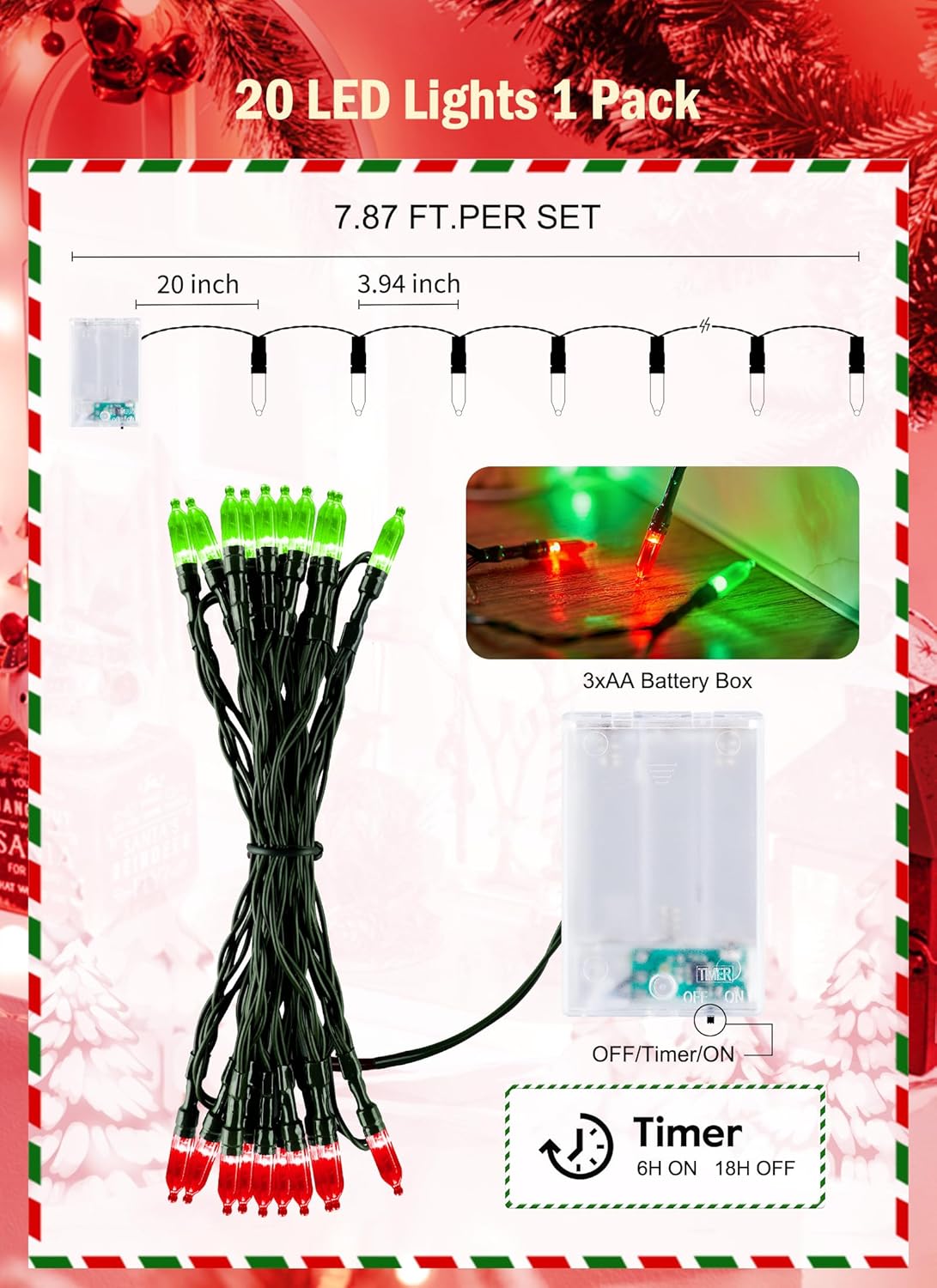 Battery Operated Christmas String Lights, 8ft 20 LED Mini Lights with Timer, Christmas Tree Lights for Indoor Outdoor Bedroom Wedding Party Holiday Xmas Decoration，Red & Green