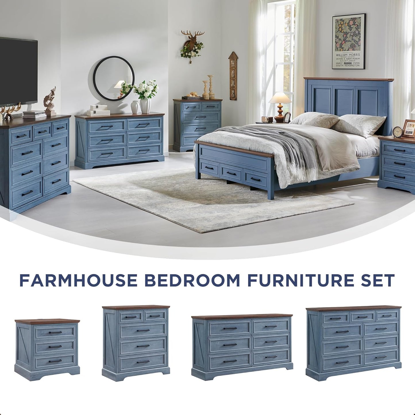 Farmhouse 6 Drawer Dresser for Bedroom, 52 Inch Wide Modern Dresser TV Stand with Large Drawers & Bar Handles, Rustic Wood Chest of Drawers for Bedroom, Living Room, Hallway, Blue