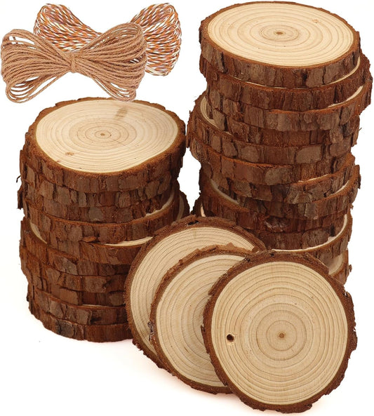 Natural Wood Slices 30 Pcs 2-2.4 Inches Craft Unfinished Wood Kit Predrilled Wooden Rounds Bark, with Hole, Wooden Discs for Crafts Ideal for DIY Projects, Christmas Ornaments