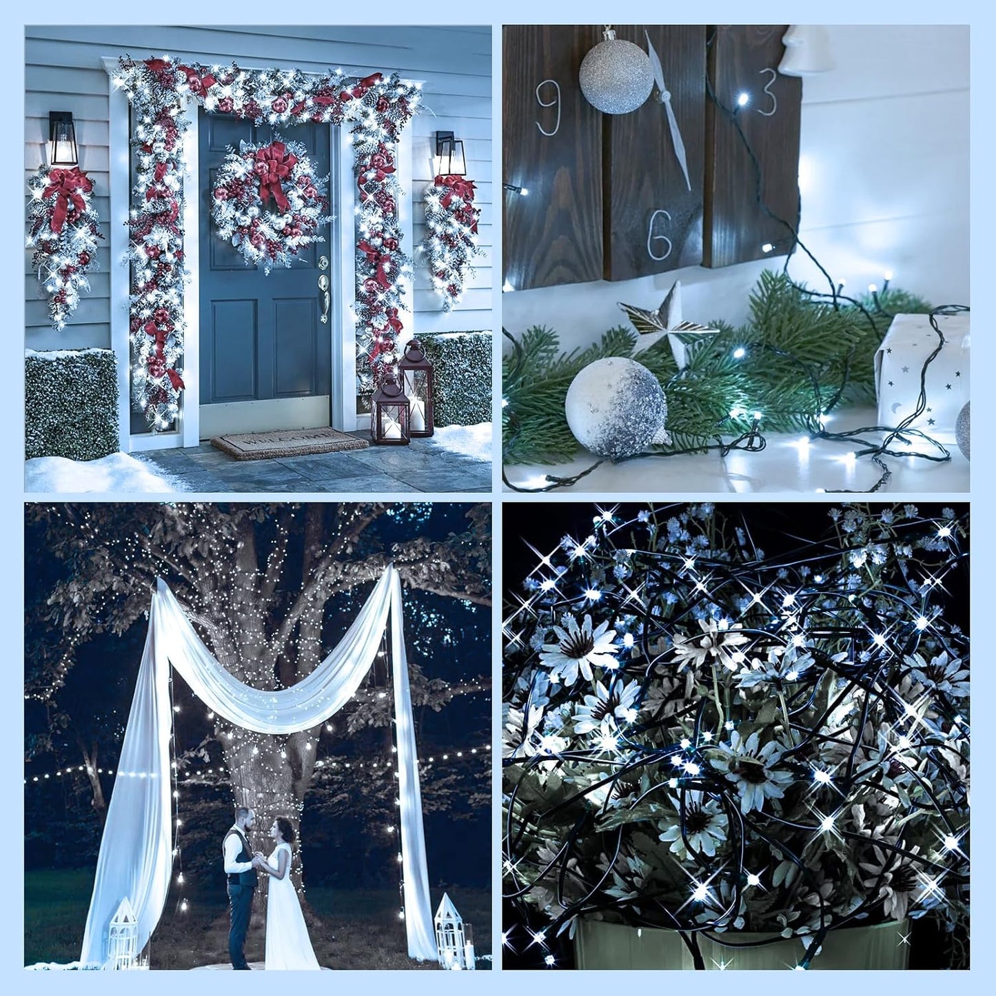 Upgraded 33 FT 100 LED Christmas Lights Outdoor Indoor, Extendable Waterproof White String Lights with Memory Function & Timer & 8 Modes Green Wire for Xmas Tree Holiday Party Garden Decor(Cool White)