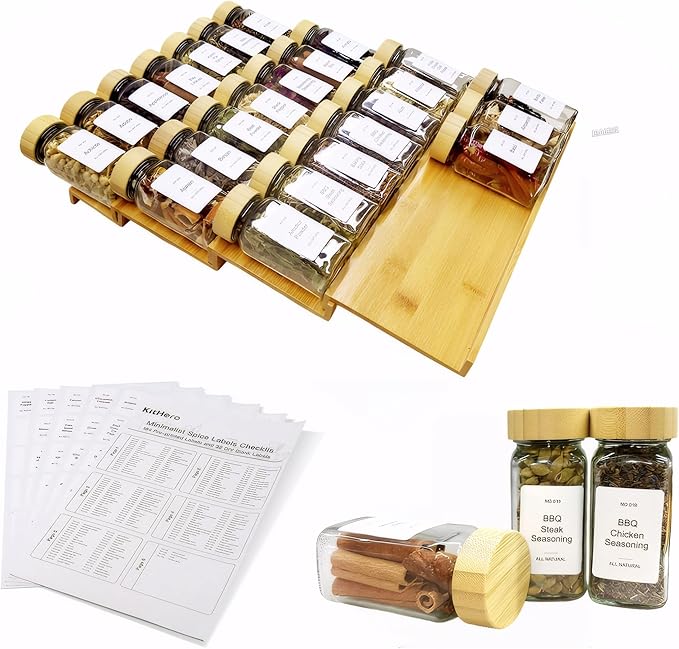 Spice Drawer Organizer with 24 Bamboo-lidded Spice Jars and 216 Labels,Non-slip Rubber, Bamboo 4 Tier Spice Racks Tray Seasoning Containers for Kitchen Drawers,Cabinets,13" Wide * 15.8" Deep