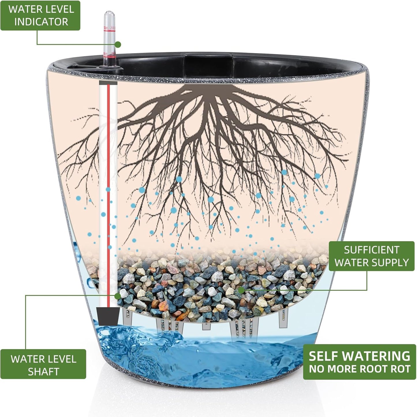 Dexceder 18x17 Self Watering Planter with Wheels Indoor Outdoor, Inner Pot Design, Thickened Large Floor Standing Flower Plant Pot with Water Level Indicator (Stone Matte)