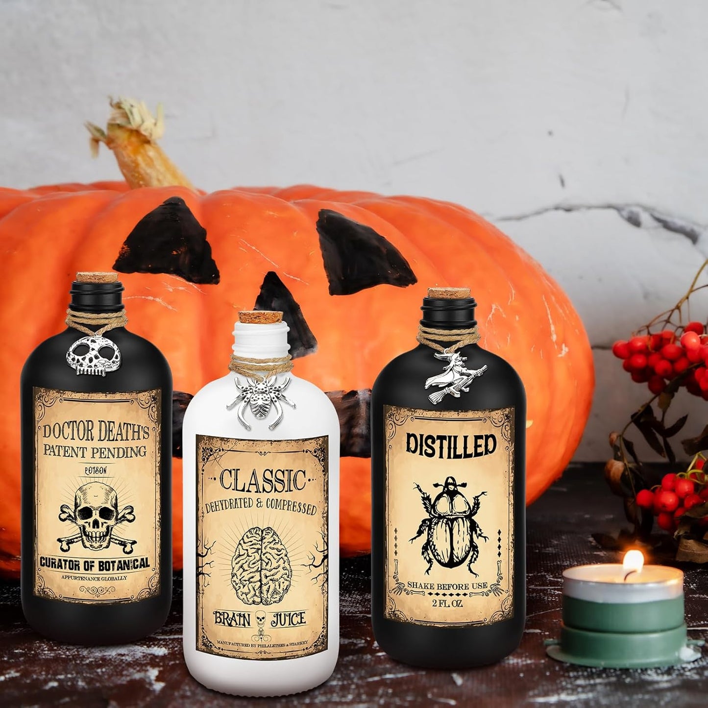 Uiifan 31 Pcs Halloween Potion Bottles Set Including Glass Apothecary Bottles with Cork Stickers and Pendants Halloween Decorations Indoor Party Supplies(White, Black,16 oz)