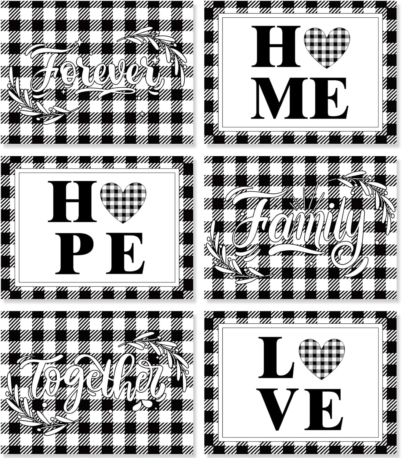 Love Family Placemats Set of 6 Buffalo Plaid Plastic Table Mats Black and White Plaid Place Mats Washable Vinyl Love Home Checkered Table Decoration for Indoor Outdoor Party Kitchen Dining