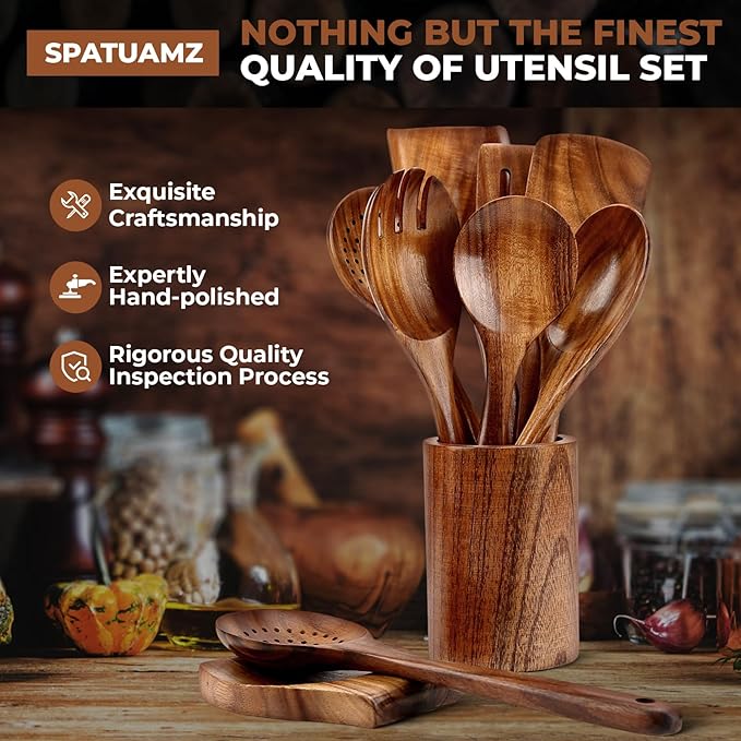 SPATUAMZ Wooden Spoons for Cooking, Teak Wood Kitchen Utensil Set for Nonstick Cookware, Durable Cooking Spatulas Set of 9 with Holder and Spoon Rest