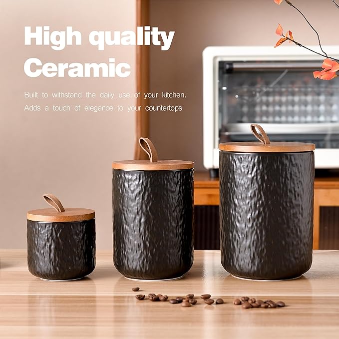 JOJUNO Black Ceramic Canister Set with Wooden Lid, 3-Piece Airtight Food Storage Jars for Kitchen Counter - Flour, Sugar, Coffee, Tea, Spice - Small, Medium, Large Sizes - Stone Texture