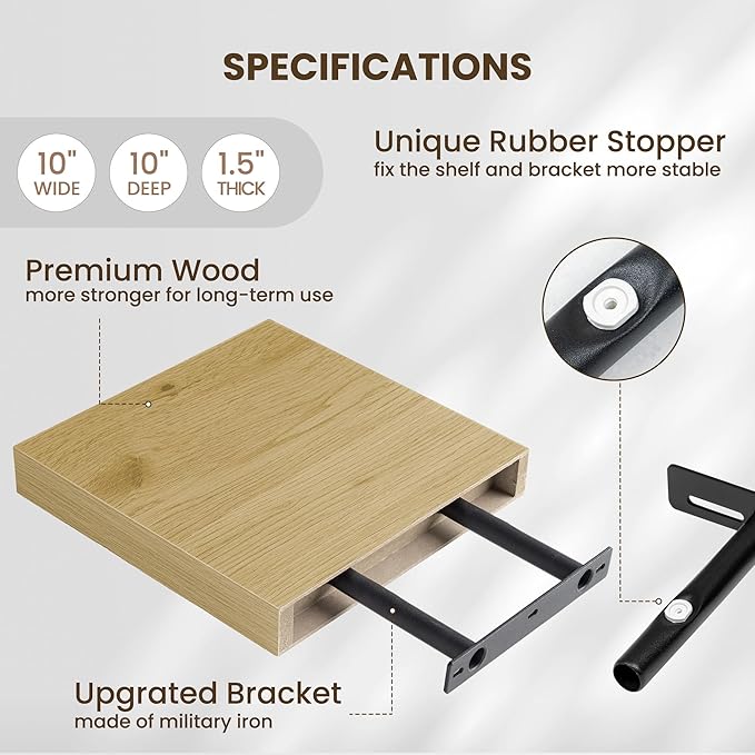 Fun Memories Floating Shelves for Wall - 10" x 10" Wood Shelf with Invisible Bracket - Deep Floating Shelves - 10 Inch Shelf Wall-Mounted for Living Room & Bathroom - Oak - Set of 2