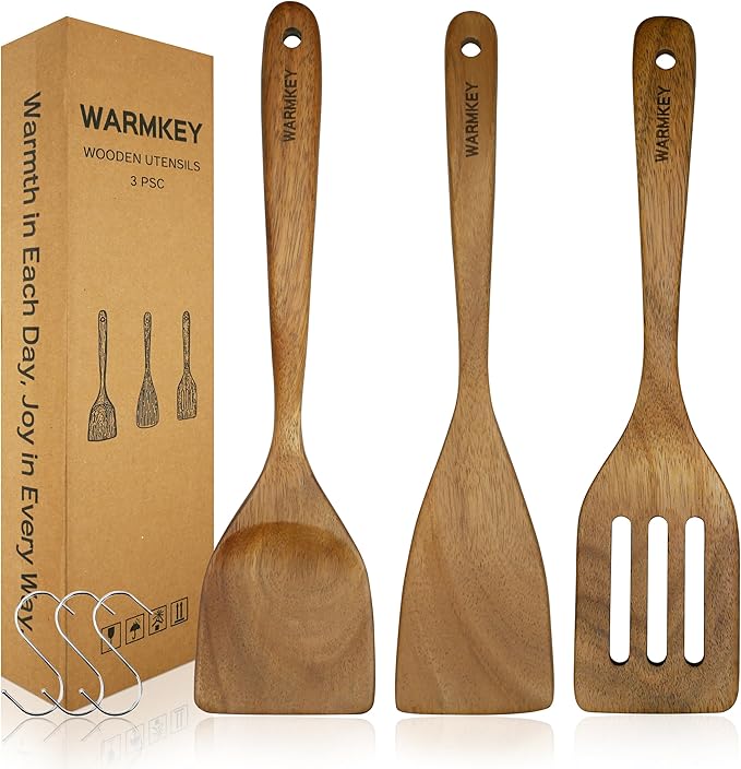 Acacia Wood Spatula Set of 3 - Natural Wooden Cooking Utensils for Nonstick Pans, Scratch-Proof & Heat Resistant, Sturdy & Lightweight Kitchen Tools with Hanging Holes