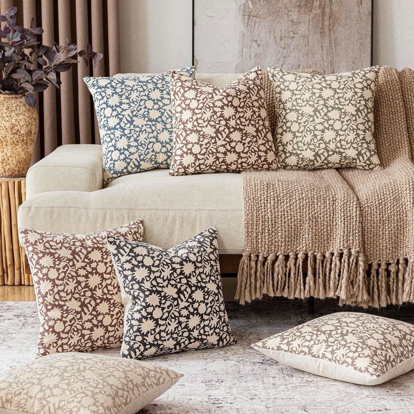 Foindtower Set of 2 Decorative Neutral Floral Throw Pillow Covers Accent Farmhouse Cushion Covers Boho Vintage Pillowcase for Couch Sofa Bedroom Living Room Home Decor Outdoor,24×24 Inch,Dusty Blue