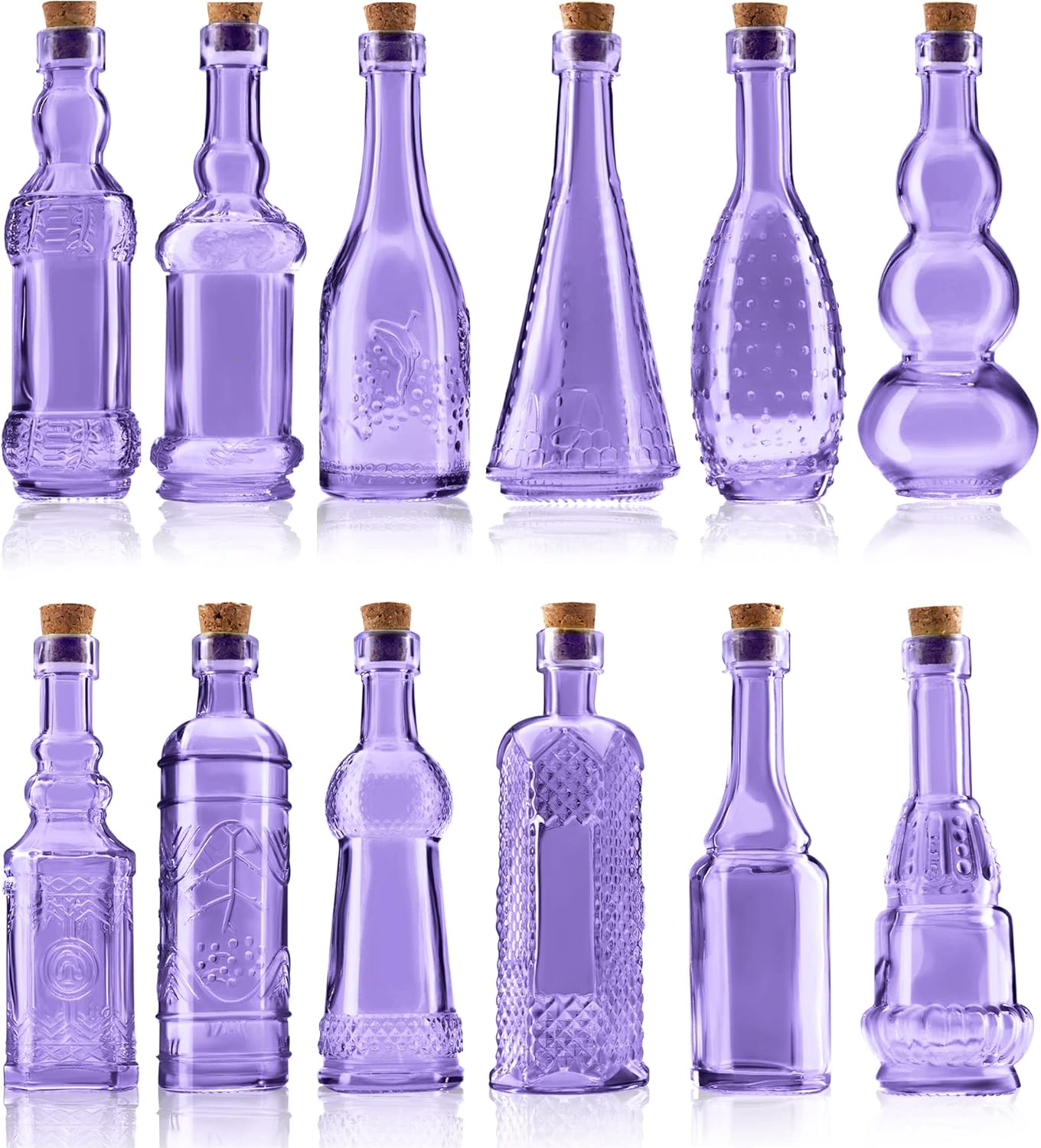 Small Mini Purple Vintage Glass Bottles with Corks, Mini Vases, Decorative Glass Bottle, Potion Bottles, Assorted Design Set of 12 pcs, 4.6 Inch Tall (11.43cm), 1.4 Inch Wide (3.56cm)