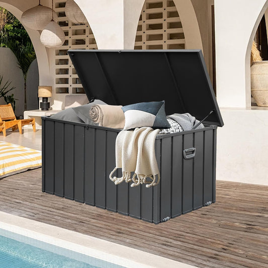 Domi 120 Gallon Deck Box, Outdoor Metal Lockable Storage Cabinet, Waterproof Steel Outdoor Bench with Lockable Lid, Side Handles & Rolling Casters for Outside Cushions, Pillows, Garden Tools, Grey