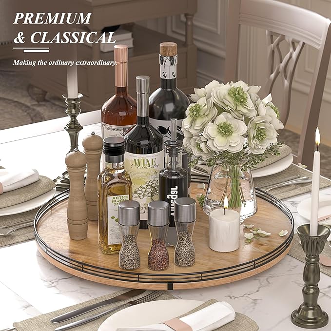 21" Lazy Susan Oak Wood Turntable Organizer for Cabinet, Farmhouse Round Wooden Large Lazy Susan Organization and Storage for Dining Table, Pantry, Kitchen, Countertop, Cupboard, Home Decor