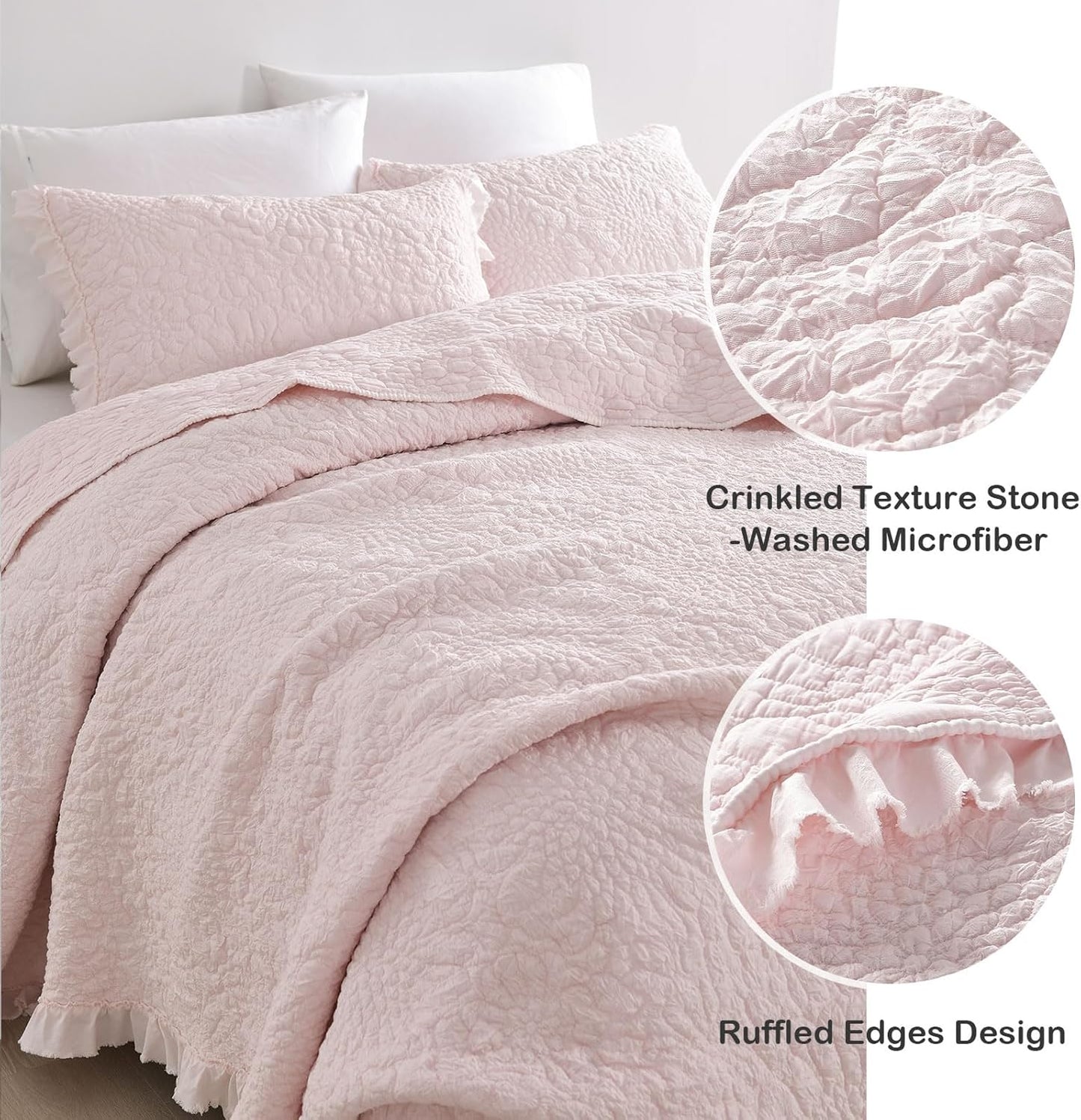 HORIMOTE HOME Pink Ruffled Quilt Twin Size, Stone-Washed Microfiber Lightweight Crinkled Farmhouse Rustic Shabby Chic Bedding Set, 2 Pieces Reversible Bedspread with Pillow Sham for All Season