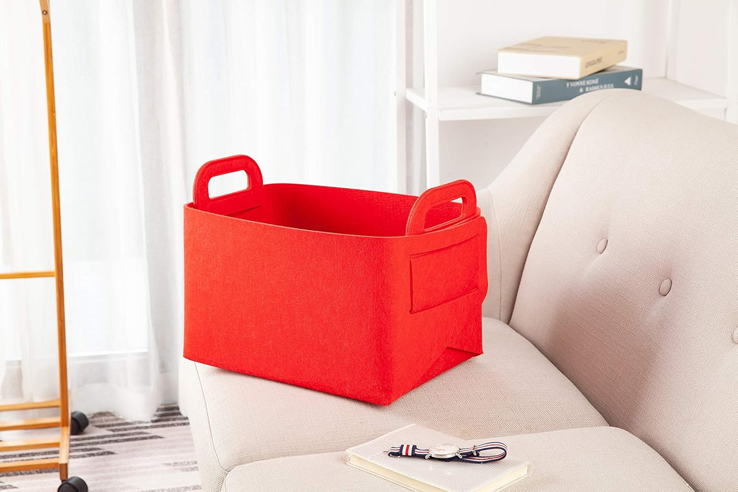Minoisome Storage Basket Felt Storage Bin Collapsible& Convenient Box Organizer with Carry Handles for Office Bedroom Closet Babies Nursery Toys Laundry (Red, 13.8inch（L）×9.5inch（W）×8.3inch（H）)