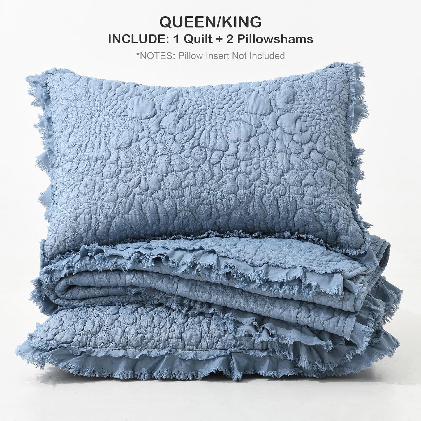 HORIMOTE HOME Blue Ruffled Quilt Queen Size, Stone-Washed Microfiber Lightweight Crinkled Farmhouse Rustic Shabby Chic Bedding Set, 3 Pieces Reversible Bedspread with Pillow Shams for All Season