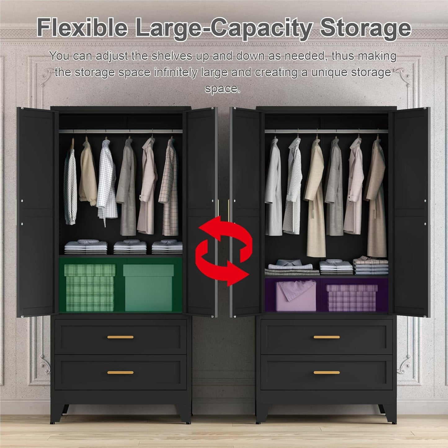 71'' Farmhouse Metal Wardrobe Cabinet with Hanging Rod, 2 Barn Door Wardrobe Closet with Adjustable Shelves,2 Drawer,for Dining Room,Bedroom,Living Room, Cloak Room,Office (Black)