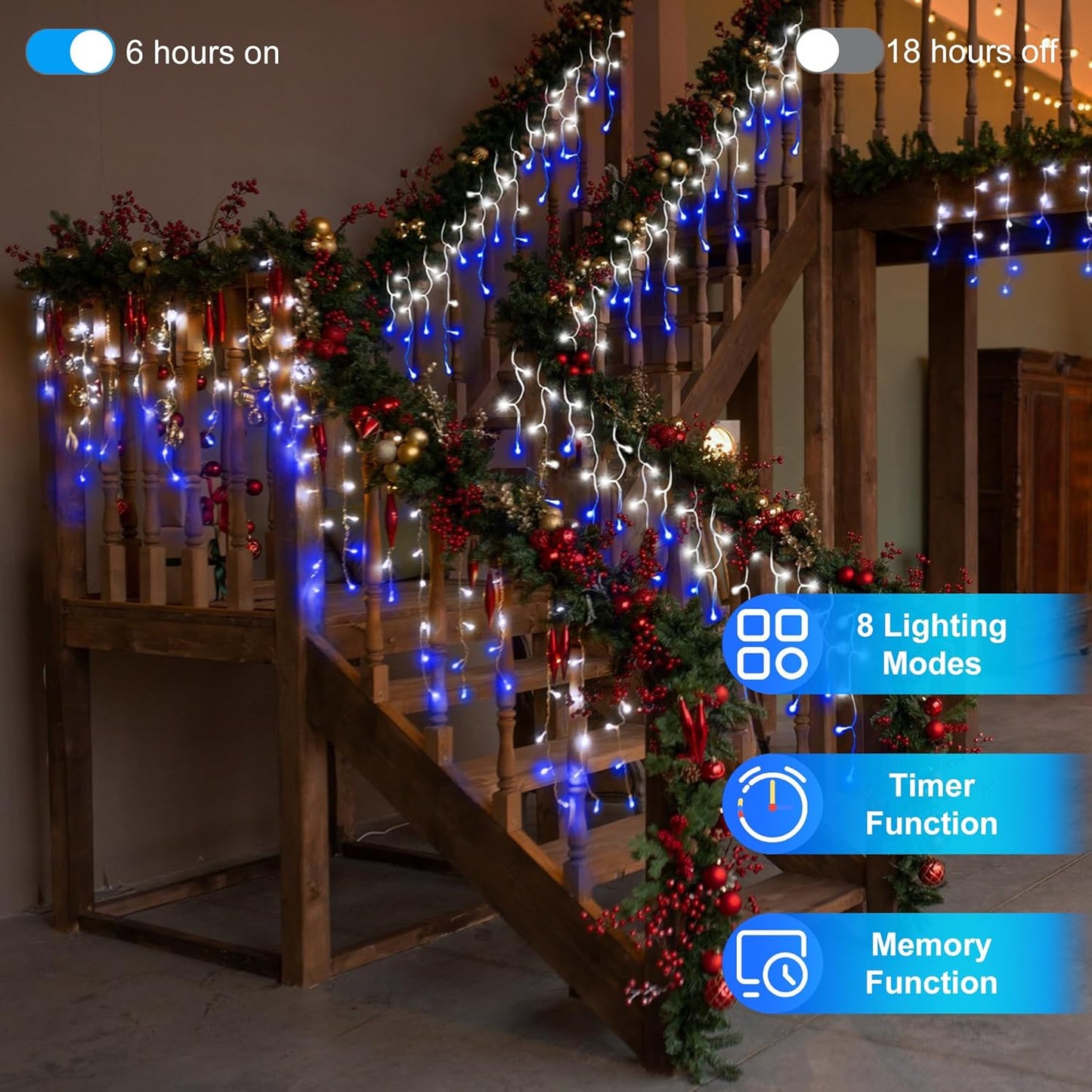504LED 50ft Christmas Lights, 112Drops 12 Modes Christmas String Lights Outdoor Dimmable, Waterproof Christmas Decorations Fairy Lights with Timer Memory for Party Patio Window Fence Blue & CoolWhite