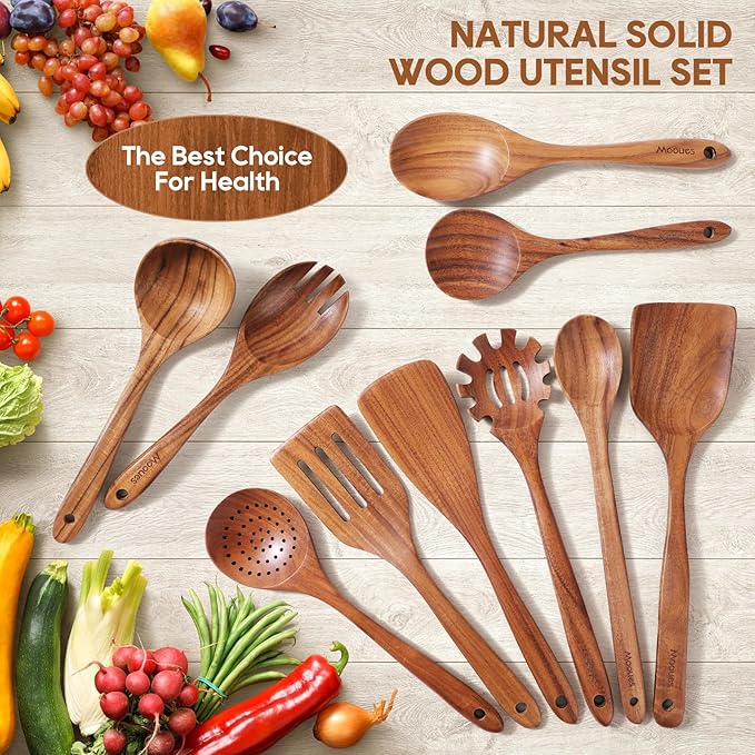 Wooden Spoons for Cooking, 10PCS Teak Wood Cookware Utensil Set with Hooks - Smooth Finish, Non-Stick, Comfortable Grip, Heat Resistant Kitchen Utensils