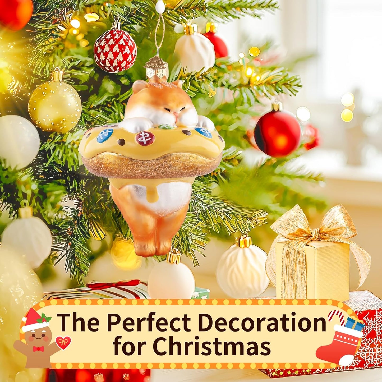 Cat Christmas Tree Ornaments,Hand-Blown Glass Ornaments,Cat Collection Hanging Ornaments,Donut Pendant Ornament,Glass Christmas Decorations for Animal Lovers Holiday Party Home Gifts