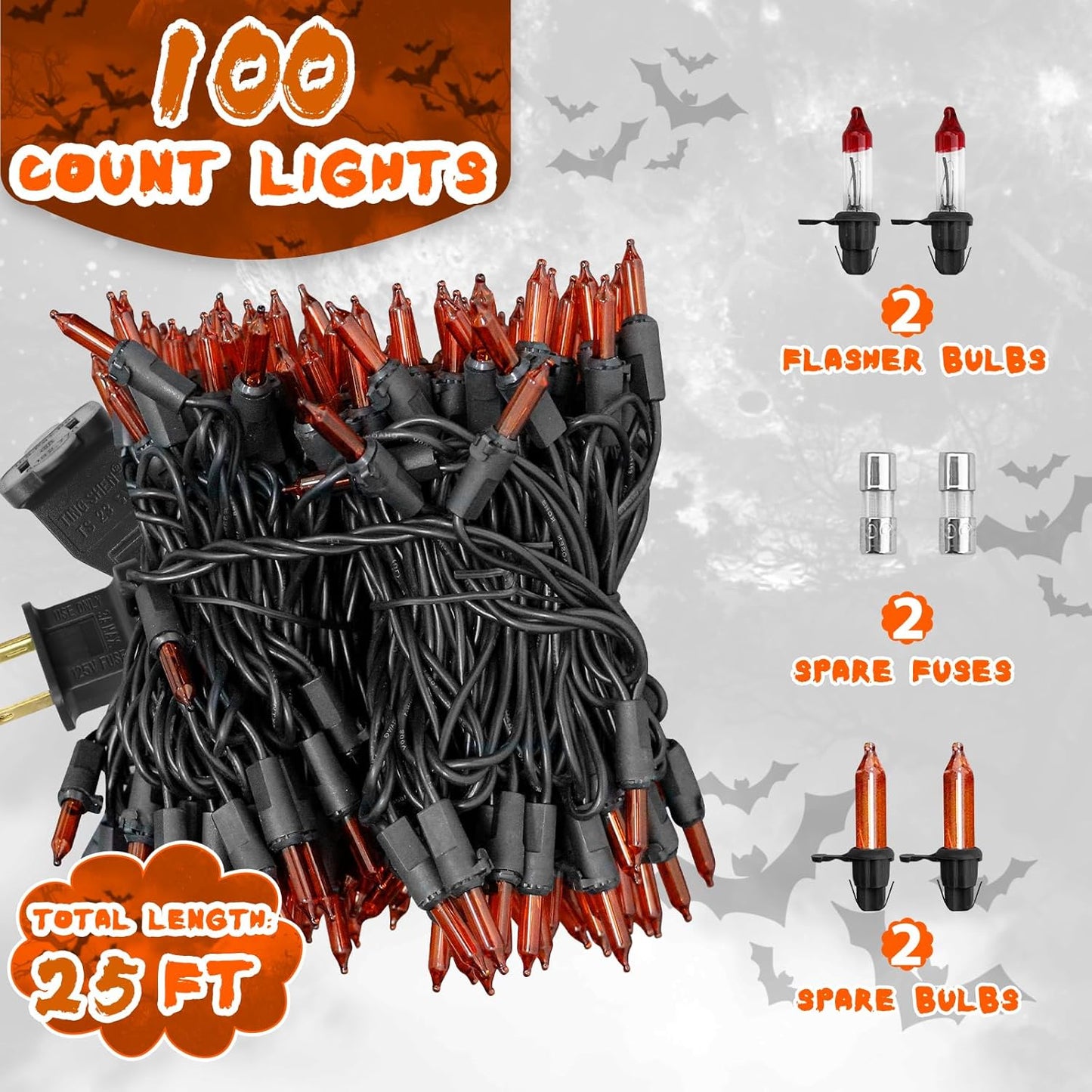 Halloween Lights Orange Lights, 25FT 100 Count Incandescent Connectable Fall Light, 120V UL Listed Waterproof Halloween Decorations for Autumn Indoor Outdoor Party Home Garden Yard Decor