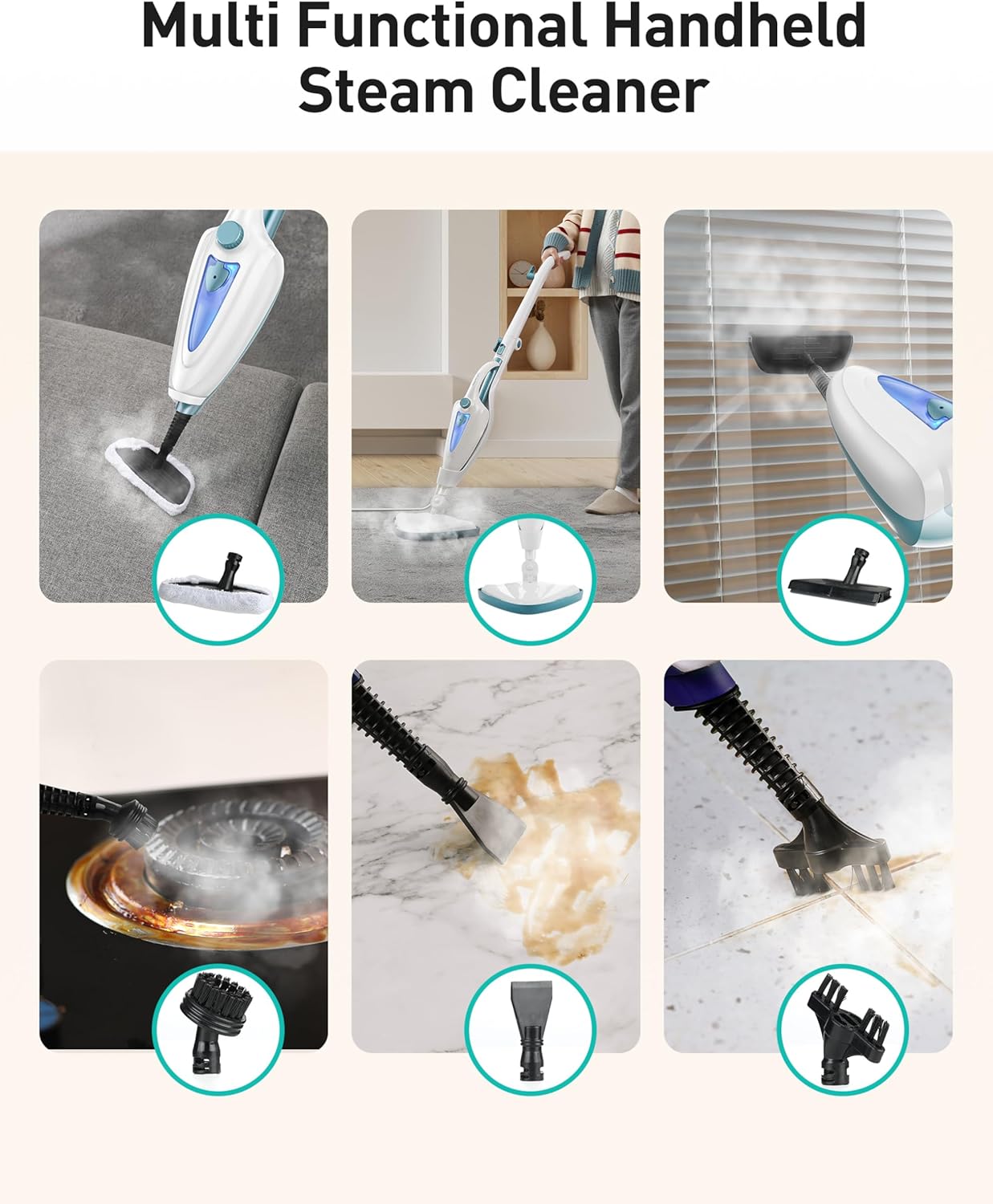 12-in-1 Steam Mop, Fast 15-Sec Heat-Up, 1500W Detachable Handheld Steam Cleaner with 2 Dirt Grip Pads, Removes 99.99% Stubborn Stains for Hardwood Floors, Windows, Tiles, Furniture, Pearl Teal