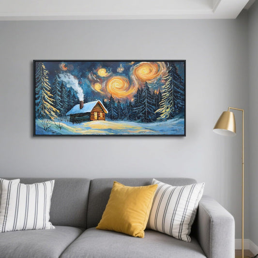 QZQCBLC Green Forest Wall Art, Farmhouse Hut Snow Scene Pictures Abstract Landscape Canvas Rustic Painting Artwork for Living room Bathroom Bedroom kitchen Home Office Decor 20x40 IN