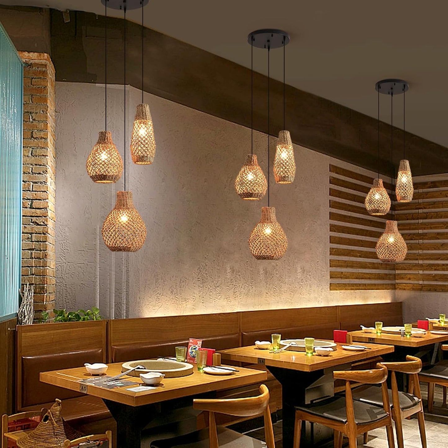 Boho Rattan Pendant Light,3 Light Coastal Woven Wicker Ceiling Hanging Farmhouse Chandelier for Kitchen Island Living Room Dining Room