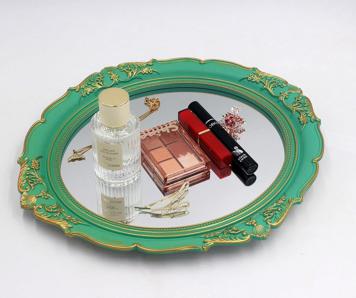 Vintage Decorative Wall Mirror 14.8 x 13.1 Inch Oval Mirror （Green）