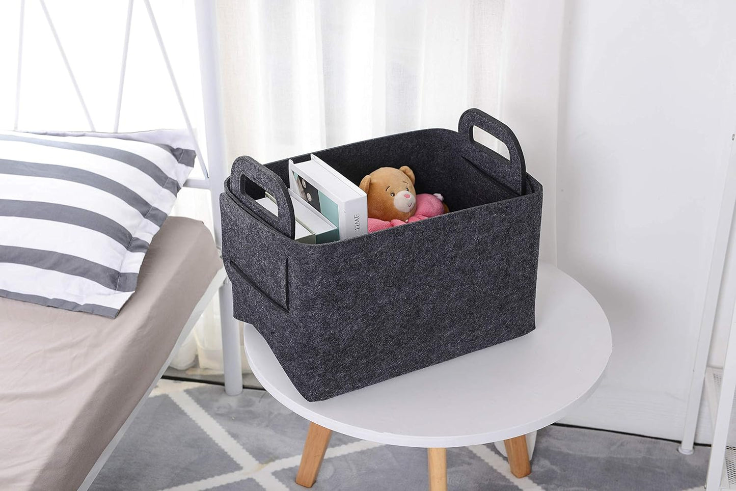 Minoisome Storage Basket Felt Storage Bin Collapsible& Convenient Box Organizer with Carry Handles for Office Bedroom Closet Babies Nursery Toys Laundry (Dark grey, 15.7inch（L）×11inch（W）×10inch（H）)