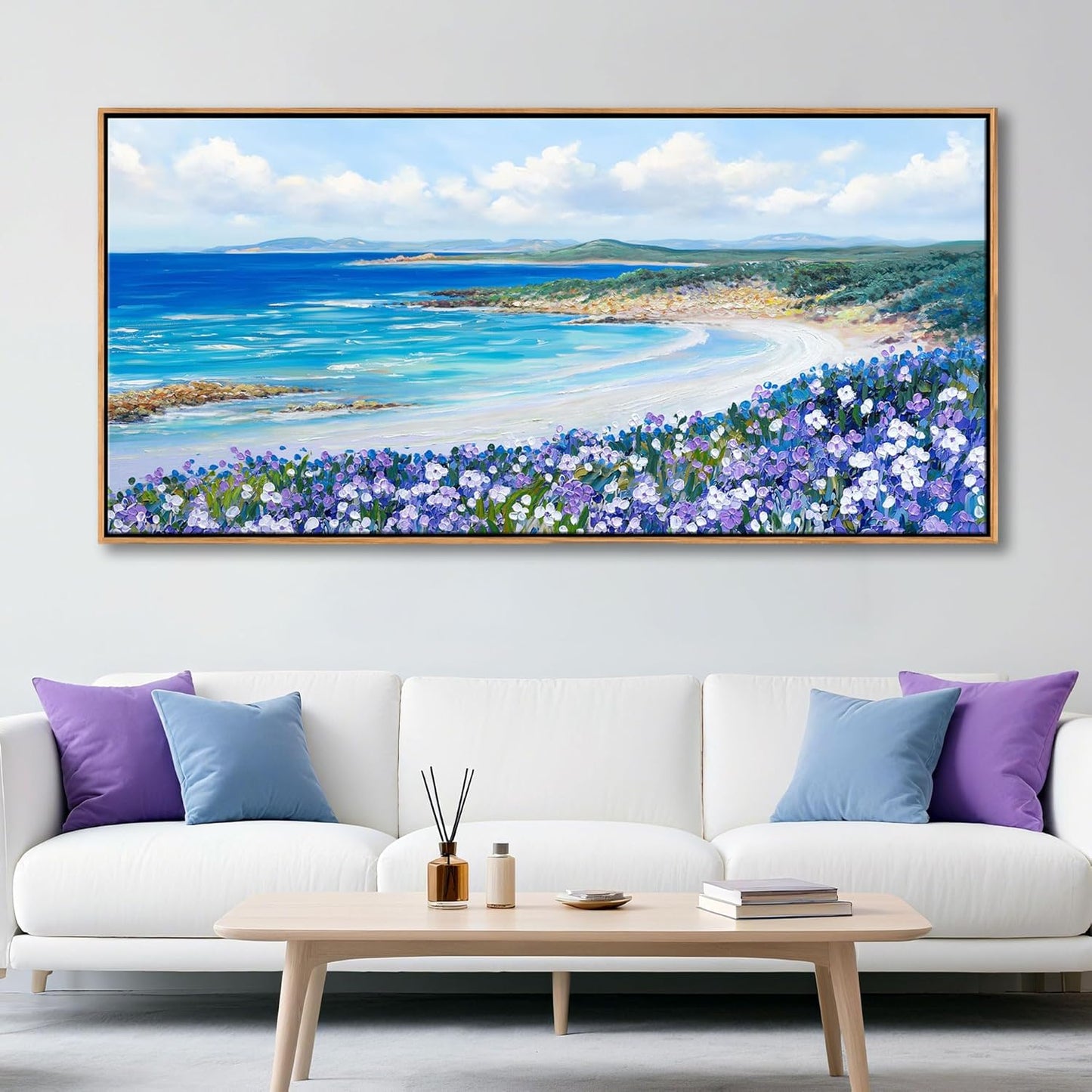 Mofutinpo Coastal Beach Wall Art Large Purple Flower Landscape Canvas Wall Art for Living Room & Bedroom Decor, Framed Blue Beach Pictures & Paintings for Walls,Ocean Artwork for Home & Office 20x40IN