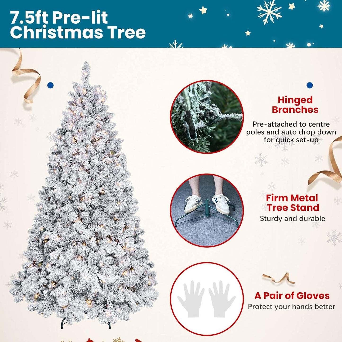 7.5 ft Prelit Flocked Christmas Tree, Lighted Full Christmas Tree with Pine Cones & 550 UL Lights, Snow Frosted Artificial Christmas Tree with Lights, Auto Hinged Xmas Tree for Holiday Décor