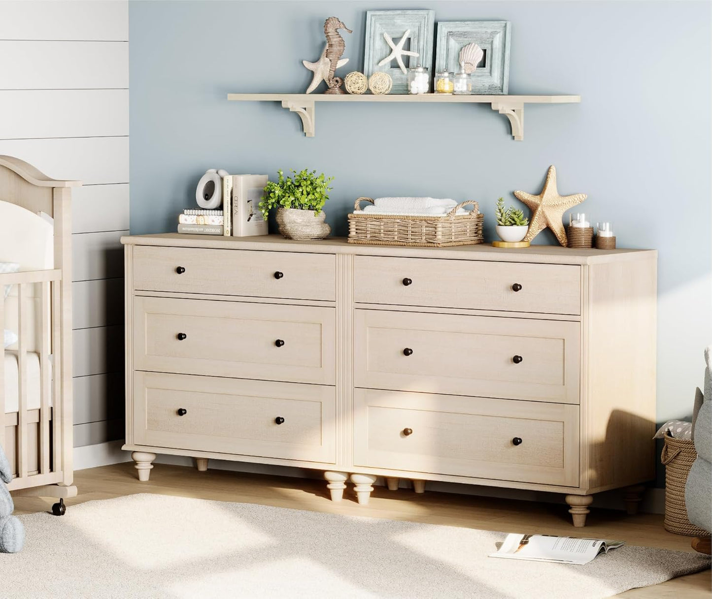 WAMPAT Kids Dresser with 6 Drawers, Baby Dressers with Wide Chest of Drawers, Mid Century Modern Wooden Closet Storage Organizer, Large Wood Dressers for Bedroom, Nursery, Hallway, Beige, 68 inch