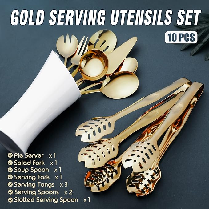Gold Serving Utensils, OGORI 10-Piece Polished Stainless Steel Gold Serving Utensils Set Include Serving Spoons, Slotted Serving Spoon, Serving Tongs, Serving Fork, Salad Fork, Soup Ladle, Pie Server