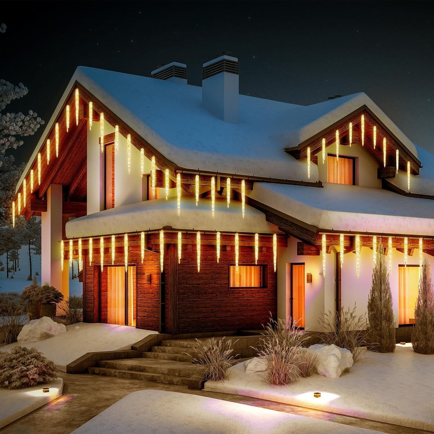 Brightown Christmas Meteor Shower Icicle Lights Outdoor, 30ft with 30 Tube 720 LED Dropping Effect, Waterproof Decorations for House Eave Roofline, Warm White