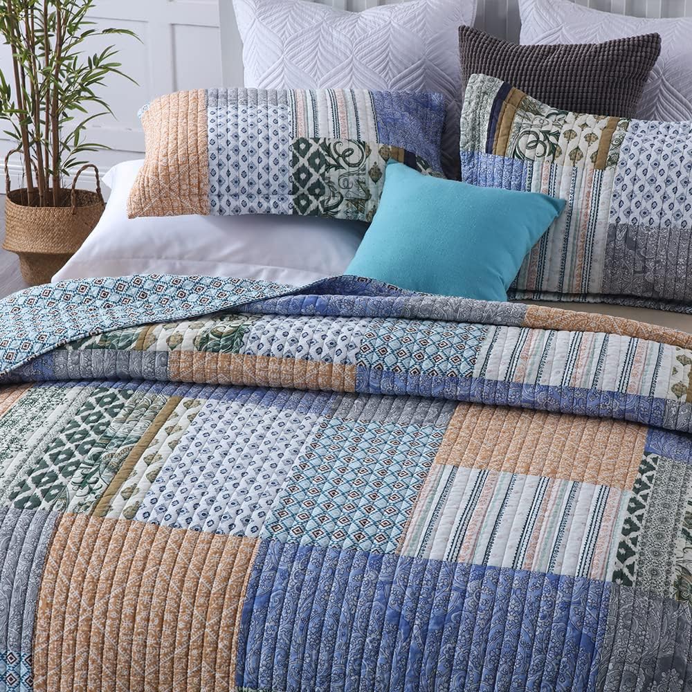 Cotton Bedspread Quilt Sets 3 Pieces Reversible Coverlet Sets Comforters Blue Bohemian Paisley Patchwork Bedspread, King Size