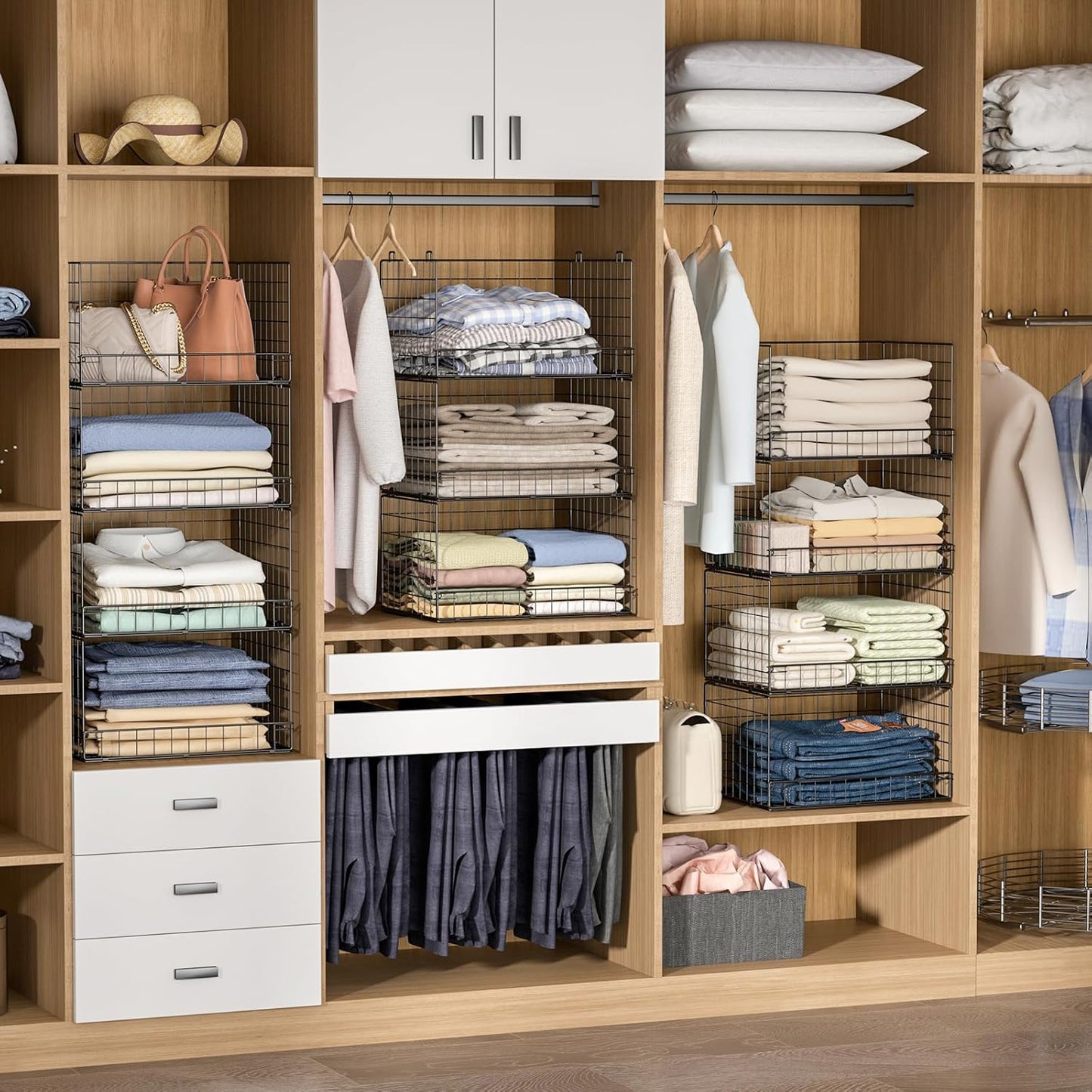 4-Tier Stackable Closet Organizers and Storage Shelves, Clothes Shelf Organizer Basket Bins, Foldable Sweater Storage for Closet Organizer System, Black (Patent Pending)