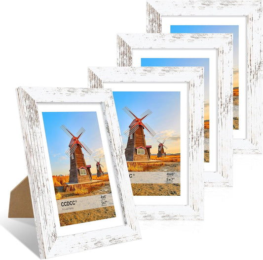 5x7 Picture Frame Set of 4, 5 x 7 Wood Photo Frames with Mat for 4x6, Rustic Natural Wooden Frame with Real Glass Cover for Wall and Tabletop Display,Distressed White