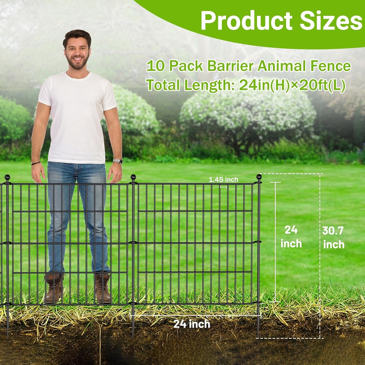 10 Panels No Dig Decorative Outdoor Garden Fence with Gate for Yard, 24 in(H) X 20 ft(L) Animal Barrier Fencing Rustproof Metal Wire Panel Border for Dog, Rabbits, and Patio Temporary Ground Stakes