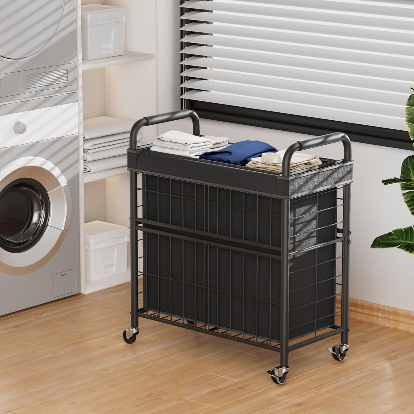 Laundry Hamper 3 Section, 145L Rolling Laundry Sorter Basket with Wheels, 3 Compartment Clothes Organizer Cart, Pull-Out Removable Bags for Laundry Room, Bathroom, Bedroom, Black